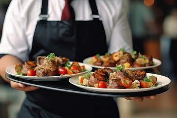 A waiter holding two plates of delicious food at a catering event