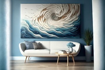 a living room with blue walls and a white couch and a painting on the wall above it that has a large wave on the wall and a table with a vase with a vase on it.