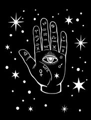 All-seeing eye on the palm of the hand. Mystical background. Hand drawn style. Line art. Vector boho illustration on black for palmist, numerology and astrology.
