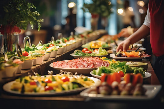 A buffet line filled with a delicious variety of food at a catering event