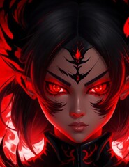 Mysterious black red shadow female with fiery red eyes, engulfed in flames - Generative AI