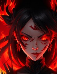 Mysterious black red shadow female with fiery red eyes, engulfed in flames - Generative AI