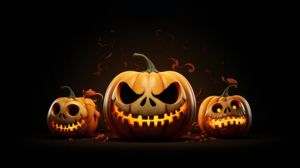 Creepy smiling carved pumpkin over black background.