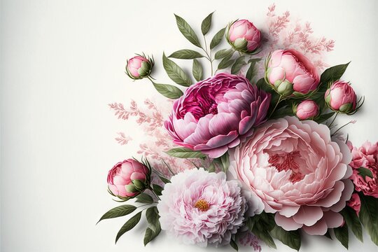 a bouquet of pink and white flowers on a white background with green leaves and buds on the stems and in the middle of the bouquet is a pink and white background, with green leaves.