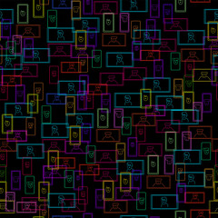 A pattern with avatars in a modern abstract-minimalist one-line style with minimal shapes. Vector dark background with neon colored avatars.
