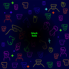 A pattern with avatars in a modern abstract-minimalist one-line style with minimal shapes. Vector dark background with avatars that are sucked in by a black hole.