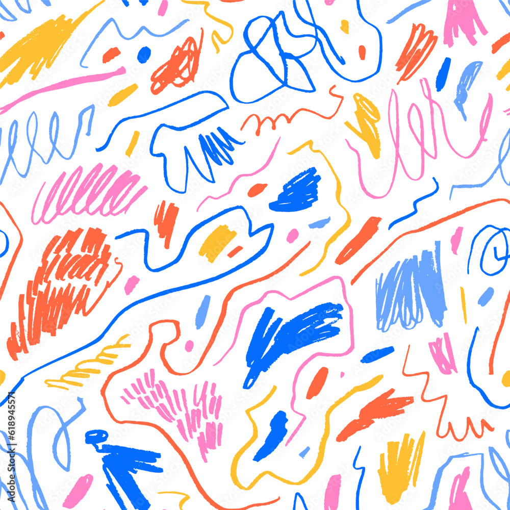 Poster Multi colored charcoal pencil curly lines and squiggles seamless pattern. Scribble brush strokes ornament. Hand drawn marker scribbles. Colorful pencil sketches. Brush stroke lines, squiggles, daubs.