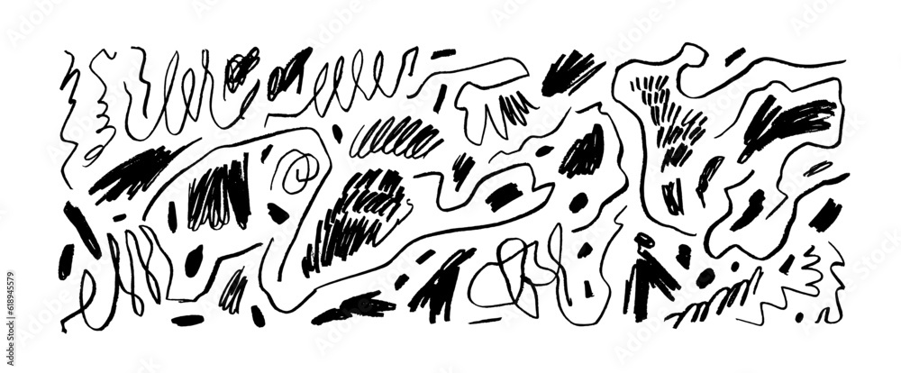Poster collection various scribble lines and doodles. hand drawn pencil curved lines, crayon drawing. charc