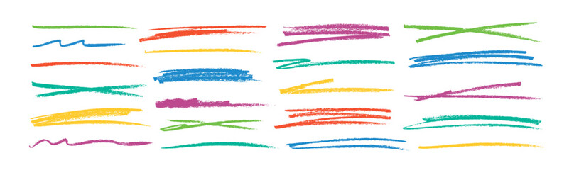 Collection strikethrough multi colored charcoal lines. Set of different doodle colorful underlines. Horizontal hand drawn marker stripes, brush strokes. Pencil drawn lines, strikethroughs, underlines.