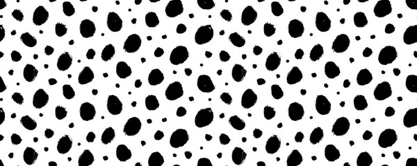 Grunge spots hand drawn vector seamless pattern. Blobs and blotches horizontal banner. Irregular organic dots and blots ornament. Cheetah spots black print. Seamless pattern with scattered round dots.