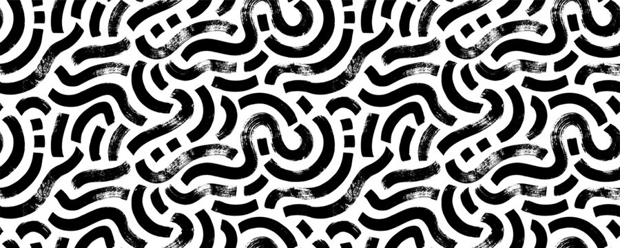 Bold line doodle seamless pattern. Creative minimalist style art background for children or trendy design with basic shapes. Curved bold brush strokes ornament. Trendy texture design with squiggles.