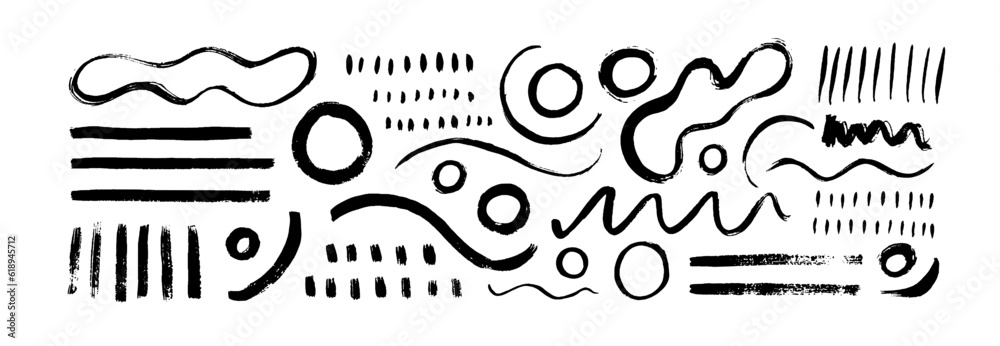 Poster collection various doodle geometric shapes and lines. hand drawn vector elements drawn with a brush.
