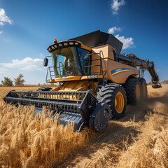 Fototapeta premium a combine harvester cuts the grain in a field, ai generated
