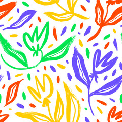 Fototapeta na wymiar Seamless multi colored floral pattern with tulips, leaves and dots. Brush drawn flower silhouettes in folk or childish style. Hand drawn abstract botanical shapes pattern. Black paint illustration.