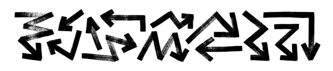 Arrow icons with various directions collection. Bold brush drawn arrows with lightning shapes. Angled bold brush strokes with scratches. Hand drawn vector grunge direction pointers. © Anastasiia Hevko