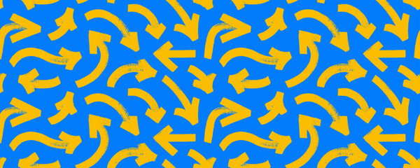 Bold brush drawn curved arrows seamless pattern. Hand drawn vector thick yellow marker arrows on blue background. Curved and wavy brush strokes. Seamless banner with vector direction pointers.