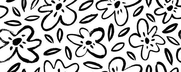 Fototapeta premium Abstract seamless pattern with cute meadow flowers, daisies and chamomiles. Brush drawn daisy flowers with naive style leaves. Vector seamless banner with children style botanical elements.