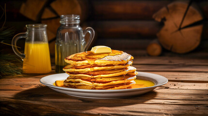 Stack of hot pancakes for breakfast with sticky maple syrup dripping of the pile and the plate. 