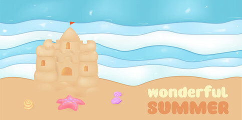 3D beach background, vector cartoon ocean tropical landscape, sand castle. Sunny beach background with rivers and starfish.