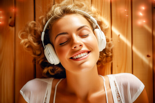 Pretty Young Woman Laying Down And Relaxing While Listening To Music On Headphones With A Smile On Her Face.