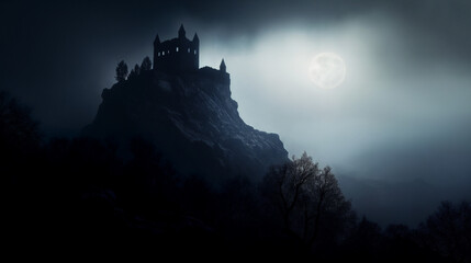 Castle on the rock. Night landscape. Generative AI