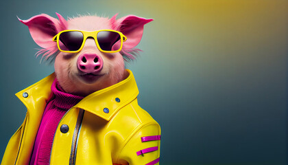 A cool looking pig wearing funky fashion dress - bright yellow jacket, vest, sunglasses. Wide pink banner with space for text right side. Stylish animal posing as a supermodel, Created with AI