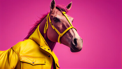 Cool looking horse wearing funky fashion dress - bright yellow jacket, vest, sunglasses. Wide pink banner with space for text right side. Stylish animal posing as a supermodel, Created with AI