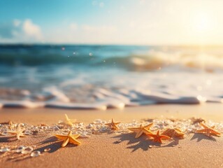 Fototapeta na wymiar Tropical summer sand beach and bokeh sun light on sea background, AI Generative 
