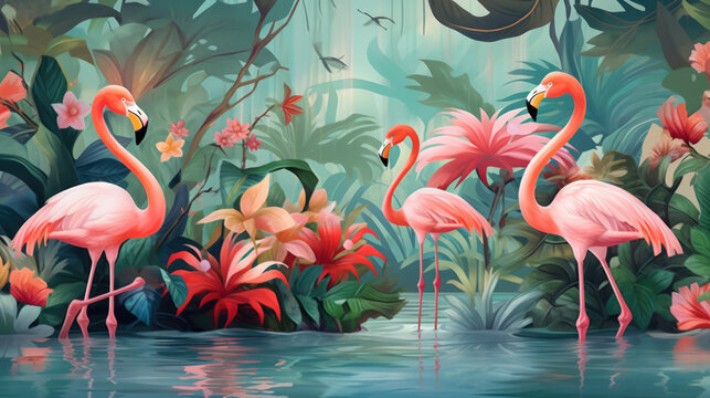 Pink Flamingos in the River: A Vector Image of Flamingo Birds in a Jungle Background AI Generated

