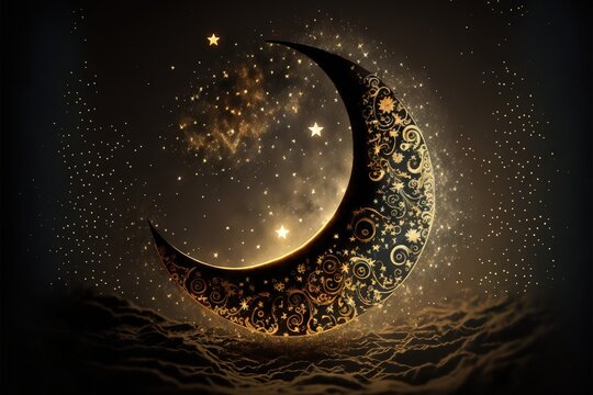 a crescent moon with stars and swirls on it's side in the night sky with clouds and stars in the sky above it, with a dark background of a black sky with white and gold stars.