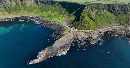 Aerial view of Giants Causeway Atlantic Ocean on North Coast Co Antrim Northern Ireland