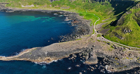 Aerial view of Giants Causeway Atlantic Ocean on North Coast Co Antrim Northern Ireland