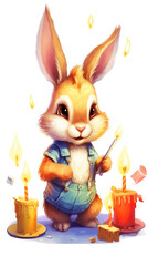 A cartoon rabbit holding a knife next to a birthday cake. Generative AI. Happy Birthday cute greeting card.