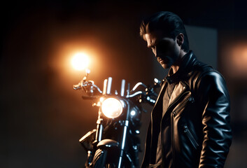 Fototapeta na wymiar Young handsome man in a leather jacket standing next to a motorcycle under a soft warm light shadow.