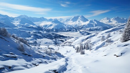 Fototapeta premium A stunning winter landscape with ski tracks carving through the snow. Generative AI