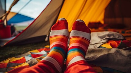 legs of a person in coloured socks in tent