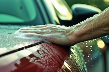 A man washing his car with a focus on his hands and the soapy sponge. Generative AI
