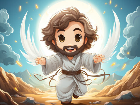A cartoon character of jesus running in the desert. Generative AI.