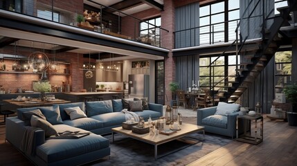 Fototapeta premium a living room filled with furniture and a staircase