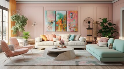 a living room filled with furniture and a painting on the wall