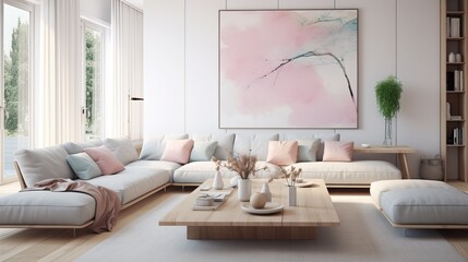 a living room filled with furniture and a painting on the wall