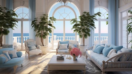 a living room filled with furniture and a chandelier