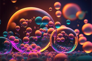 a bunch of bubbles floating in the air with a black background and a blue sky in the background with a few clouds and a lot of pink and blue bubbles in the middle of pink.