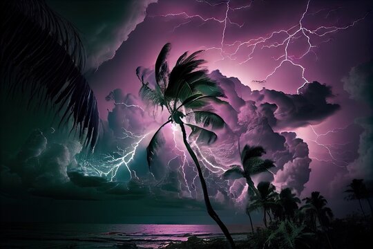 tropical cyclone, with dramatic lightning and thunderstorm visible in the sky, created with generative ai