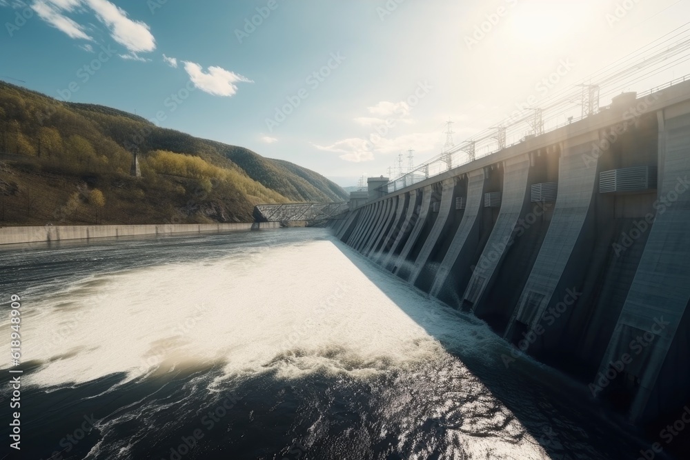 Poster view of a hydroelectric power plant with water rushing through the dam and into the turbines, create