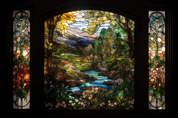 stained glass window depicting a peaceful garden, with sun shining through, created with generative ai