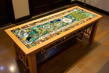 wooden table with mosaic and stained glass artwork displayed on top, created with generative ai