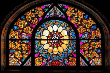 stained glass window of intricate and colorful design, with mosaic border, created with generative ai