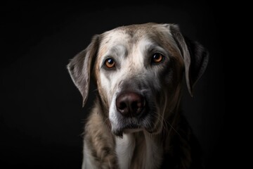 portrait of dog, sitting and looking directly at the camera, with its head tilted, created with generative ai