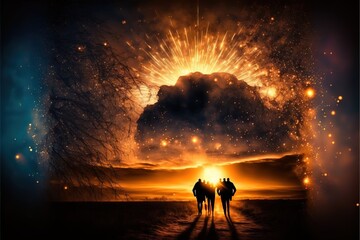 a couple of people standing on top of a field under a sky filled with stars and a giant cloud in the background with a star burst in the middle of the middle of the sky.